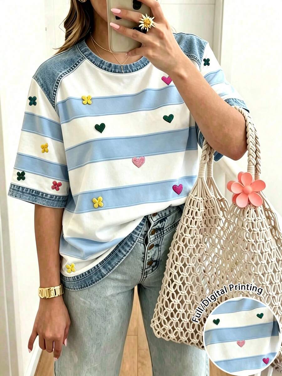 SHEIN LUNE 女款圓領條紋拼接愛心圖案休閒百搭日常外出短袖T恤 - 淺藍色 - 查看 1