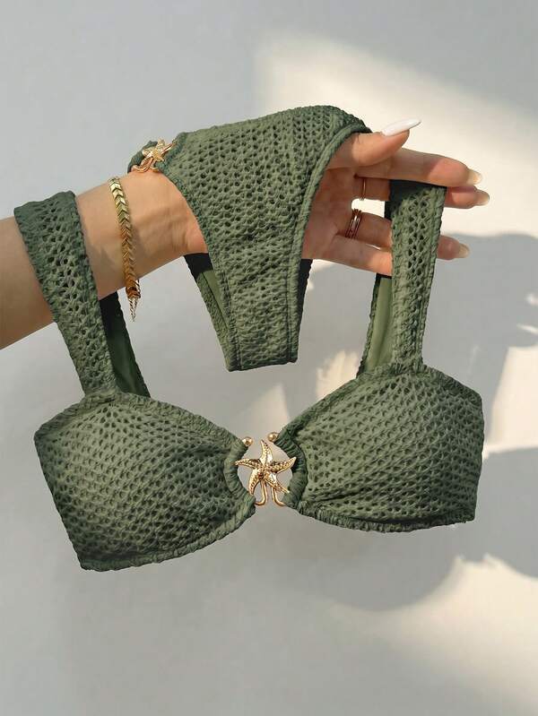 Swim Chiccia Conjunto de bikini elegante para mujer de vacaciones, de tela de unicolor con diseño de tiras gruesas y detalle de conexión con accesorio metálico