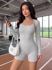 SHEIN 青少年女孩連身衣與連身褲2件組附開襟長袖外套，適合瑜珈、戶外運動 - 灰色 - 查看 1