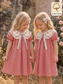 Emery Rose Kids Emery Rose Kids 女童小女孩編織純色卡通花卉刺繡彼得潘領蝴蝶結泡泡袖休閒仙女裙，適合夏季、秋季、度假、返校 - 紅色 - 查看 2