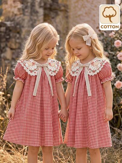 Emery Rose Kids Emery Rose Kids Kids Young Girl Woven Solid Color Cartoon Floral Embroidery Peter Pan Collar Bow Puff Sleeve Casual Fairy Dress Summer,Autumn,Vacation,Back To School.