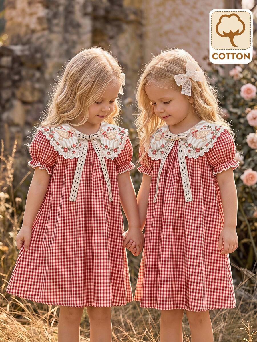 Emery Rose Kids Emery Rose Kids 女童小女孩編織純色卡通花卉刺繡彼得潘領蝴蝶結泡泡袖休閒仙女裙，適合夏季、秋季、度假、返校