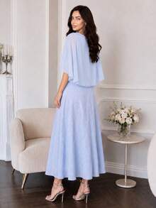 Modelyn Women's Dress, Elegant Textured Fabric Dress Cape Sleeve High Waist A Line Midi Dress For Women Summer Party Date Going Out Wedding Guest Graduation - Sky Blue - View 3