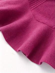 Franclia Women's Solid Color Round Neck Flared Sleeve Ruffle Hem Sweater - Hot Pink - View 4