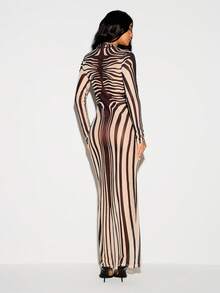 KIZN Zebra Print Placement Long Sleeve High Neck Bodycon Maxi Dress Party Evening Floor Length - Multicolor - View 4