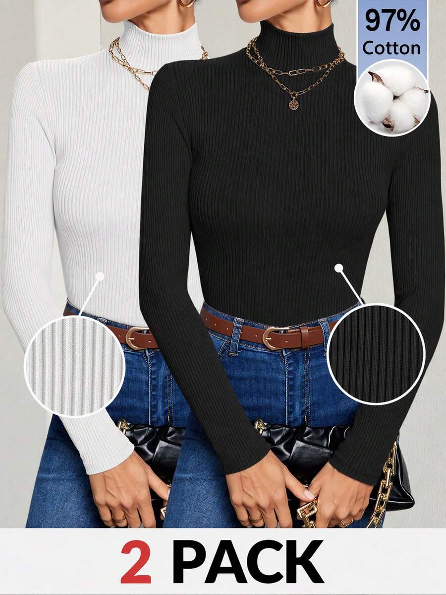 SHEIN Tall Simple Solid Color Slim High Collar White Top, Cotton-Blend Ribbed Texture, High Elasticity, Suitable For Autumn And Winter, Daily Wear - Multicolor - View 1