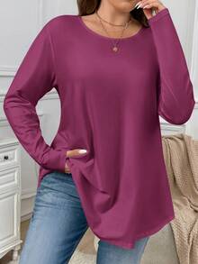 Firerie Kaos Kasual Ukuran Besar Model Longgar, Bahu Jatuh, Leher Bulat, Lengan Panjang, Warna Polos, Cocok untuk di Rumah, Liburan, dan Sebagai Lapisan Pakaian Musim Semi dan Gugur - Red Violet - View 6
