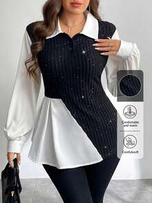 Firerie Top de mujer talla grande con lentejuelas, patchwork, contraste de color y bajo asimétrico - Multicolor - Ver 7