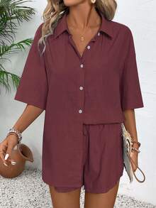 EMERY ROSE 2pcs/Set Women Loose Casual Solid Drop Shoulder Button Up Shirt And Shorts Set - Burgundy - View 6