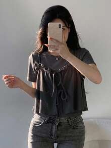 FRIFUL 2pcs/Set Women's Bowknot Frill Trim Short Sleeve Top, Loose Fit Crew Neck Lounge Sets For Women - Grey - View 5