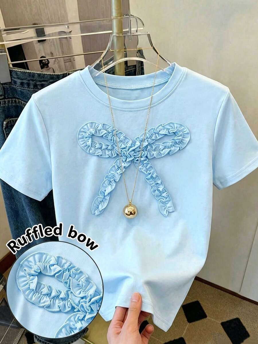 Cute Tween Girls Baby Blue Polyester T-Shirt Ruffle Graphic Bow Regular Length Short Sleeve Round Neck Regular Fit - Baby Blue - View 1