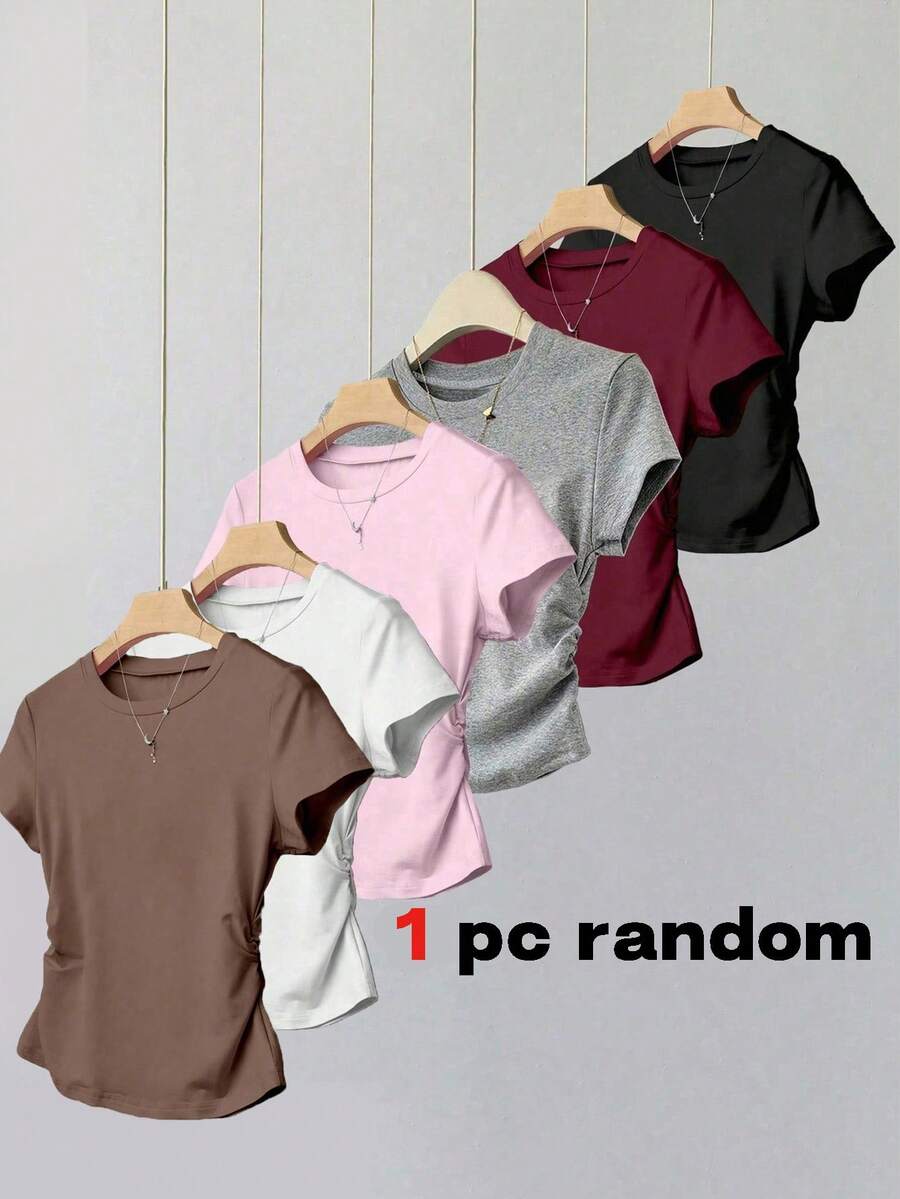 Tween Girls Simple Waist-Cinching Fitted Round Neck Short Sleeve T-Shirt, 1pc Random Short Sleeve T-Shirt, Personalized T-Shirt, Suitable For Spring/Summer, Easy And Comfortable, Comfortable To Wear, Easy For Sports - Multicolor - View 1