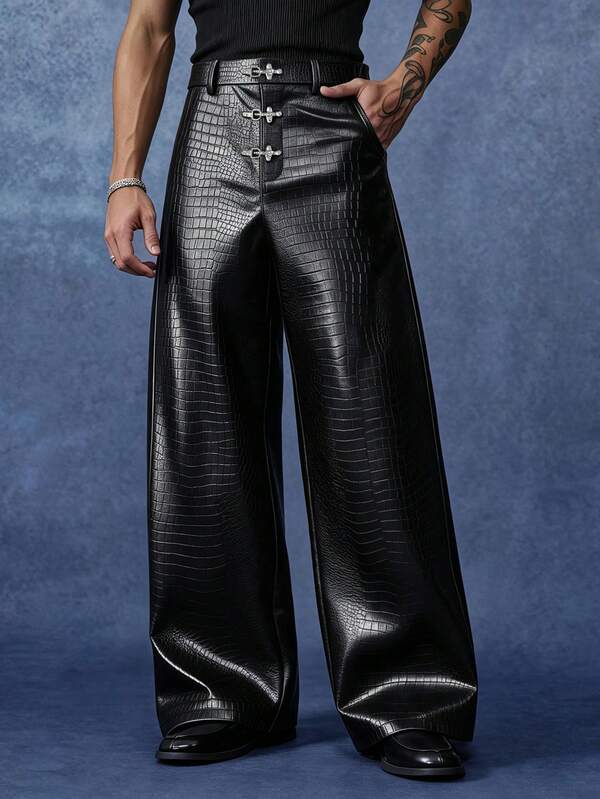 PAVTROS Men's Black Crocodile PU Leather Pants, Airplane Buckle Decoration, Fashion Versatile Long Pants, Loose Casual Wide Leg Pants