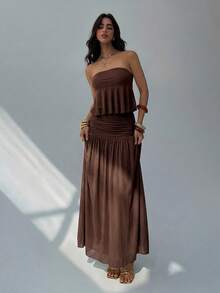 Aloruh Women's Spring/Summer Vacation Date Romantic Sexy Solid Brown Strapless Ruched Waist A-Line Dress - Coffee - View 8