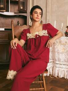 Côtesoire Women's Elegant Lace Patchwork Tie-Up Top And Long Pants Pajama Set - Burgundy - View 6