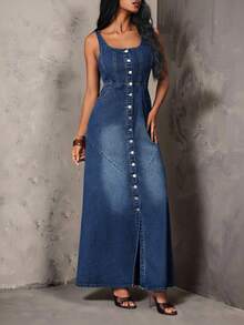 SHEIN Unity Women's Single-Breasted Split Design Casual Retro Vintage 70s 80s Daily Wear Denim Dress Everyday Going Out Fall - Blue - View 4