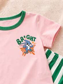 Baby Girl Casual Minimalist Cute Cartoon Blue Rabbit Lulu & Stitch Pattern, Striped, Round Neck Loose Short Sleeve T-Shirt & Leggings Set, Suitable For Spring/Summer, Kawaii, Graphic, Cozy, Vacation Style, Dopamine Color, Looks Of Party - White - View 3