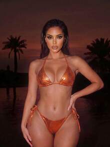 SHEIN Swim 2pcs/Set Snake Skin Textured Halter Triangle Bra Side Tie Swim Bottoms Bikini Set,Bronze,Summer,70s Retro,Holiday,Party,Vacation,Holiday Beaded - Orange - View 3
