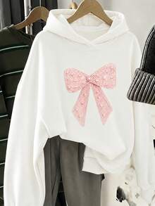 Tween Girl Bow Pattern Casual Daily Wear Hooded Sweatshirt - White - View 3