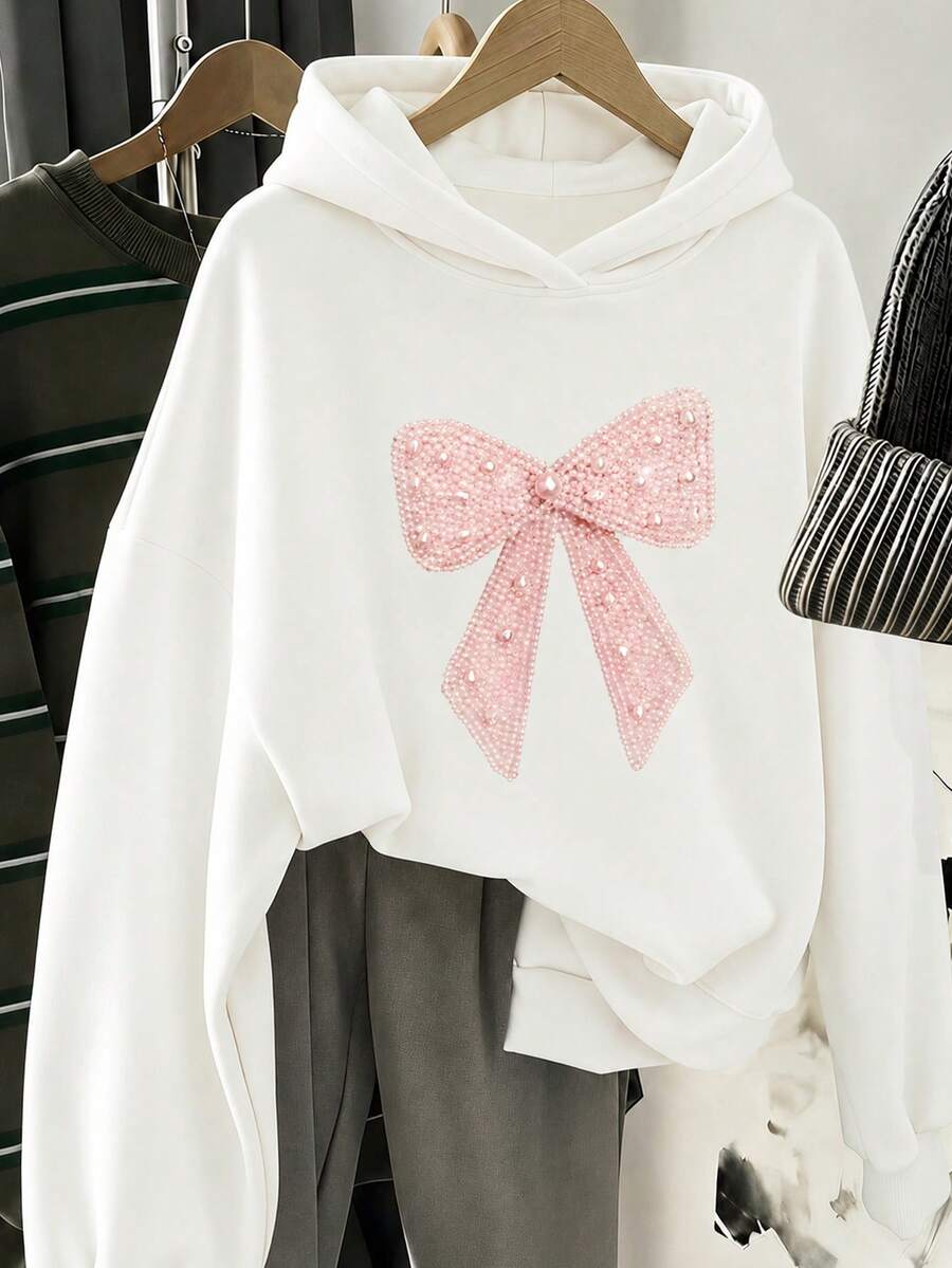 Tween Girl Tween Girl Tween Girl Bow Pattern Casual Daily Wear Hooded Autumn Sweatshirt - White - View 1