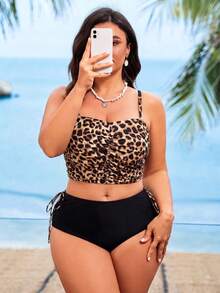 Swim Lushoire Plus Size Women 2pcs/Set Leopard Print Tankini Swimsuit With Tummy Control, Beach Holiday For Summer Beach Vacation - Multicolor - View 3