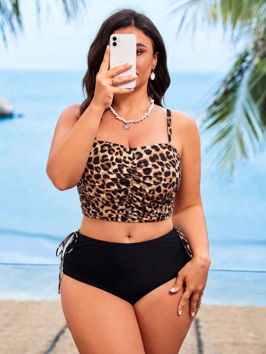 Swim Lushoire Plus Size Women 2pcs/Set Leopard Print Tankini Swimwear With Tummy Control, Beach Holiday For Summer Beach Vacation Beige Black Elegant - Multicolor - View 1