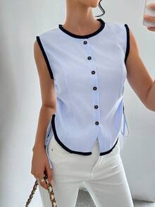 SHEIN LUNE Women Striped Single-Breasted Side Drawstring Round Neck Sleeveless Casual Top - Baby Blue - View 7
