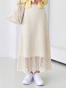 DAZY Elegant Commuter Solid Color Hollow Texture Skirt - White - View 4