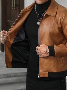 Manfinity CasualCool 男士復古焦糖棕翻領夾克，老錢風靜奢風，高品質質感，百搭 - 棕色 - 查看 4