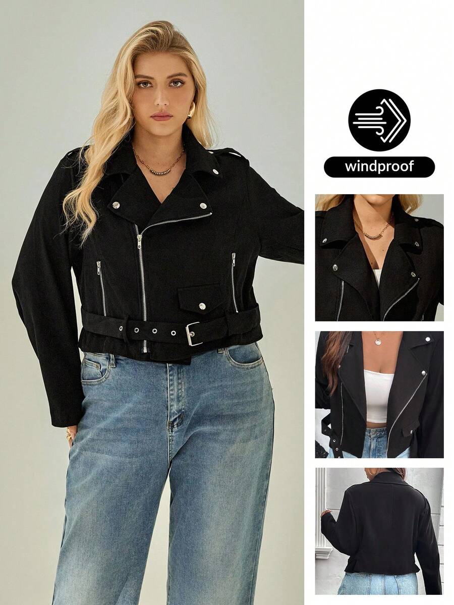 SHEIN Essnce Plus Size Faux Suede Moto Jacket, Warm For Autumn & Winter Fall Fall/Winter - Black - View 1