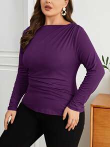 SHEIN Privé Plus Size Women's Solid Color Boat Neck Long Sleeve Ruched Fitted T-Shirt - Purple - View 3