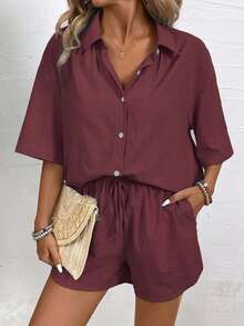EMERY ROSE 2pcs/Set Women Loose Casual Solid Drop Shoulder Button Up Shirt And Shorts Set - Burgundy - View 3