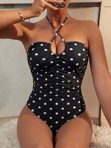 Swim Chiccia 夏季单件女式波尔卡圆点黑色褶皱连体泳衣，性感系带海滩度假 - 黑色 - 查看 3