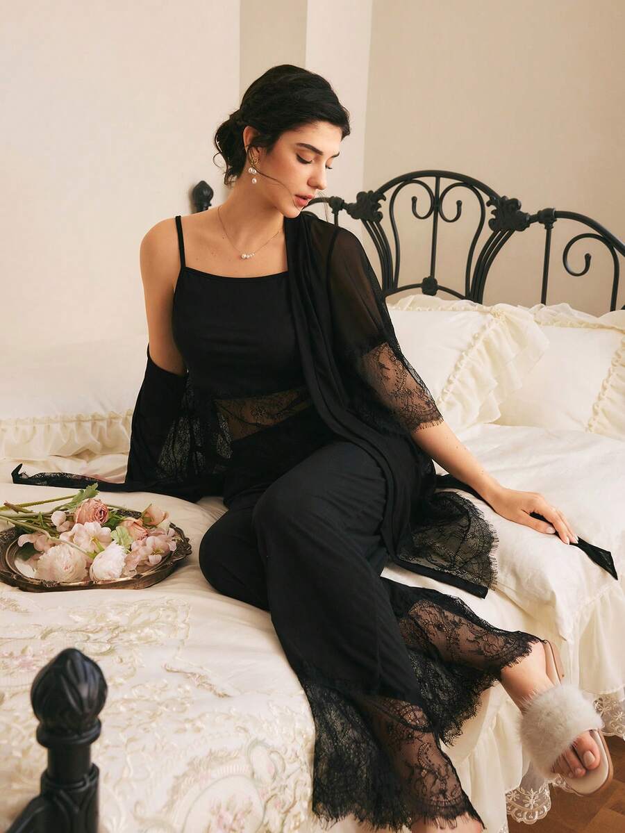 Côtesoire South French Elegant Mature Camisole Long Pants Robe 3 Pieces Pajama Set For Women - Black - View 1