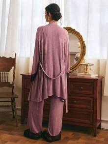 Côtesoire Women's French Minimalist Elegant Contrast Color Lace Patchwork Knit Comfortable Fabric Camisole Long Pants Robe Pajama Set 3pcs - Dusty Pink - View 2