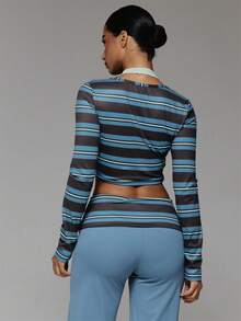 Musera Sport Contrast Colour Striped V Plunge Twist Front Double Layered Long Sleeve Active Top Workout Gym Cute Pilates Fitness Daily - Multicolor - View 5