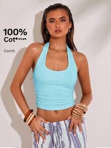 SHEIN BAE Women's Solid Color Backless Halter Neck Cropped Tank Top - Mint Blue - View 6