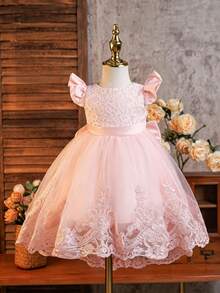 Glamorique Kids 嬰兒蕾絲花卉網紗拖尾公主裙 夏季婚禮花童生日禮服 柔粉色 可愛優雅 - 粉色 - 查看 3