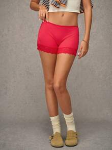 Esseday Women's Solid Color Contrast Lace Safety Shorts - Red - View 6