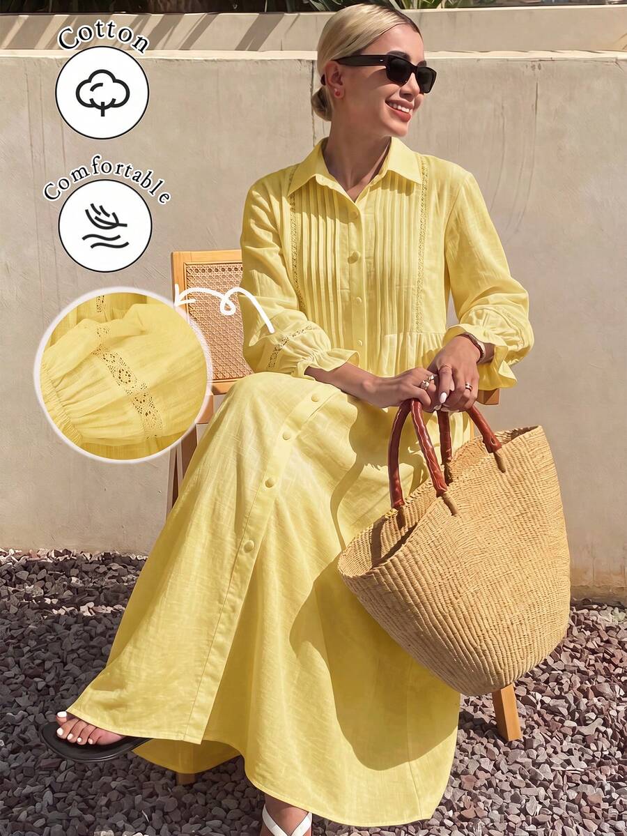 Mulvari Kemeja Kerah Depan Kancing Berongga Pita Tenun Gaun Kasual Tropis Liburan Kuning Musim Gugur - Kuning - View 1