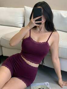 DAZY 性感蕾絲拼接細肩帶背心與超短褲女款睡衣套裝 夏季 - 紫色 - 查看 5