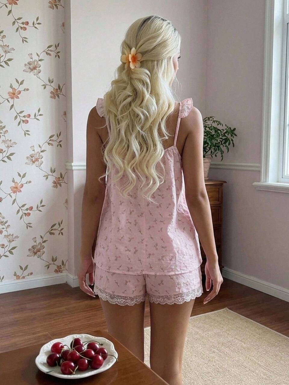 2pcs Sweet Ditsy Floral Ruffle Lace Patchwork Sleeveless Top And Loose Shorts Pajama Set For Women, Summer