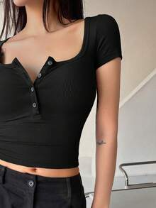 DAZY Square Neck Short Sleeve Button Decor Slim Fit Black Ribbed Knit Cotton Blend Versatile Women's T-Shirt Summer - Black - View 4