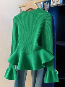 Franclia Suéter casual de otoño de unicolor con ribete de volantes - Verde - Ver 2