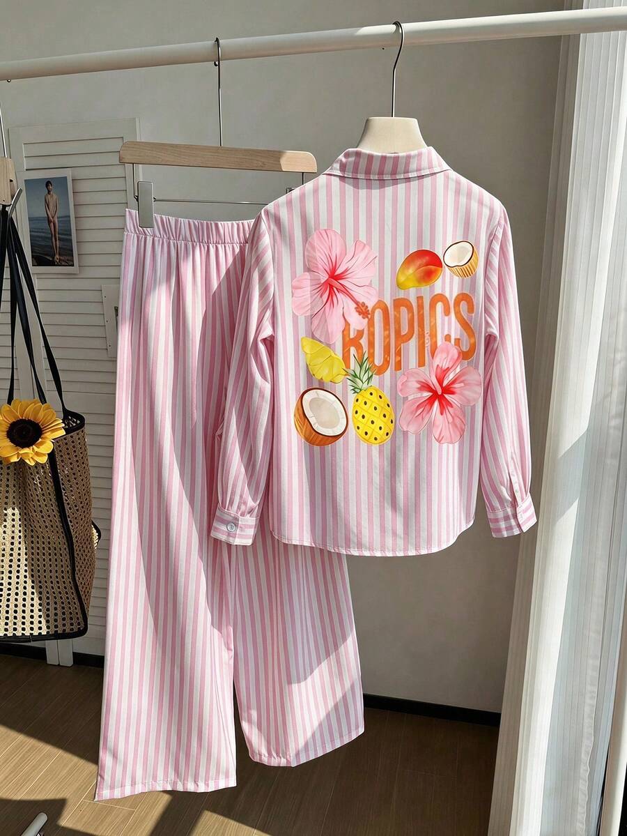 SHEIN Sparklyn 青少年女孩條紋花卉印花襯衫與長褲套裝 - 彩色 - 查看 1