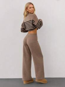 Women Stripe Pattern Exposed Seam Detailed Round Neck Drop Shoulder Pullover & Sweater Pants Set - Beige - View 2