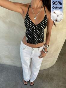 Aloruh Elegantes sexy Damen-Tanktop für den Urlaub, schwarz-weiß gepunktet, rückenfrei, Y2K Hot Girl Style, für Musikfestivals und Sommerurlaub - Schwarz und Weiss - Übersicht 5