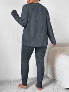 SHEIN Frenchy 大尺碼女款純色圓領落肩長袖羅紋T恤與長褲休閒基本款寬鬆兩件套 秋季灰色 正式居家 - 深灰色 - 查看 2