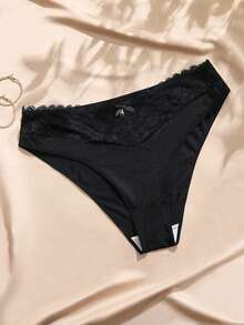 Charlaine 1pc Black Plus Size Women's Lace Patchwork Satin Panties - Black - View 3