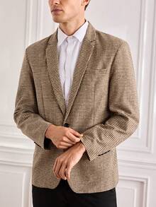 Officeau Fashionable Vintage Houndstooth Tweed Blazer, Men's Single-Breasted Elegant Jacket, Suitable For Parties And Daily Wear - Khaki - View 7